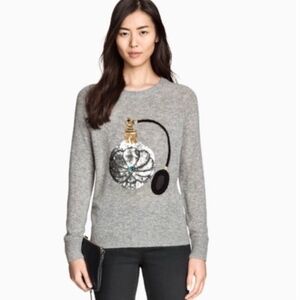 H&M Grey Sequin Perfume Bottle Holiday Sweater XS